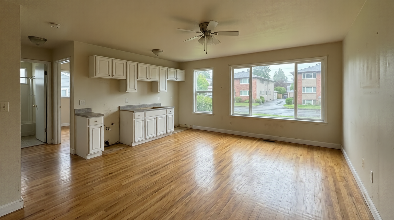 Cleared apartment unit, cleaned and photo-ready for listing.