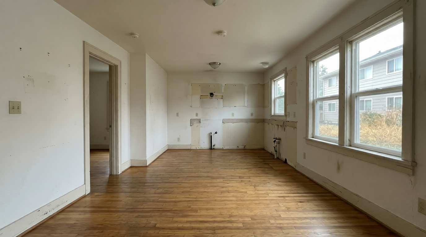 Cleared interior of a three-bedroom home prepared for estate sale.
