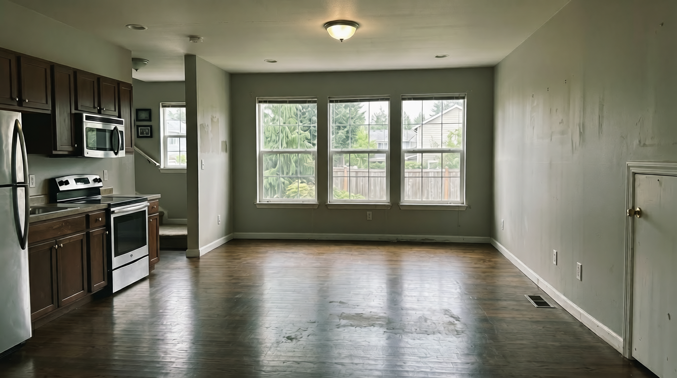 Cleared three-bedroom Seattle home, hardwood floors swept, ready for listing.